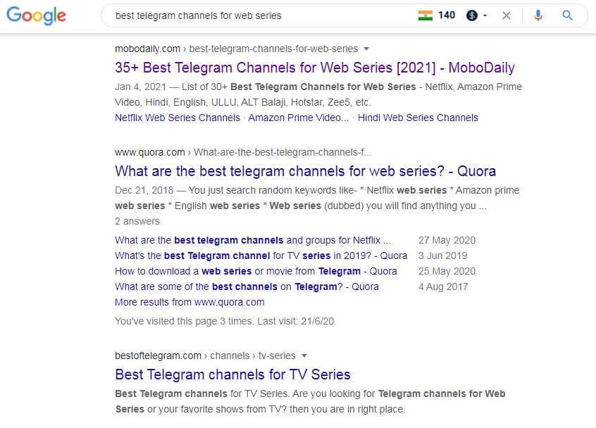 Google Search Result - Best Telegram Channels for Movies