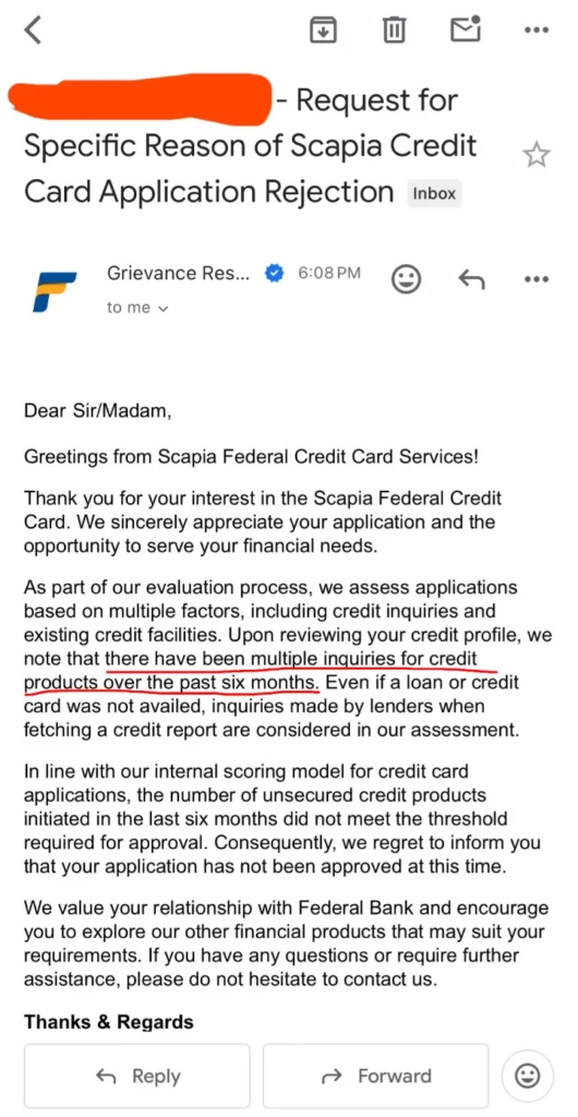 Scapia grievance team email citing multiple credit inquiries