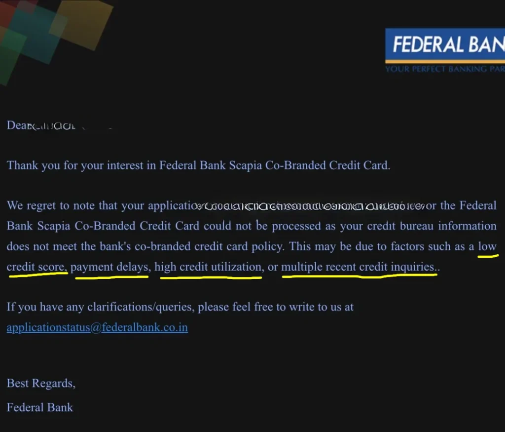 Scapia grievance email citing common credit card rejection reasons like score, utilization, and payment history