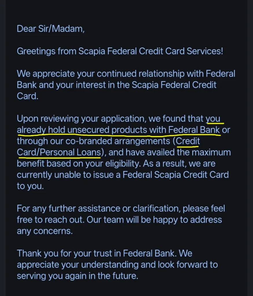 Scapia grievance email citing existing unsecured loan with Federal Bank as rejection reason