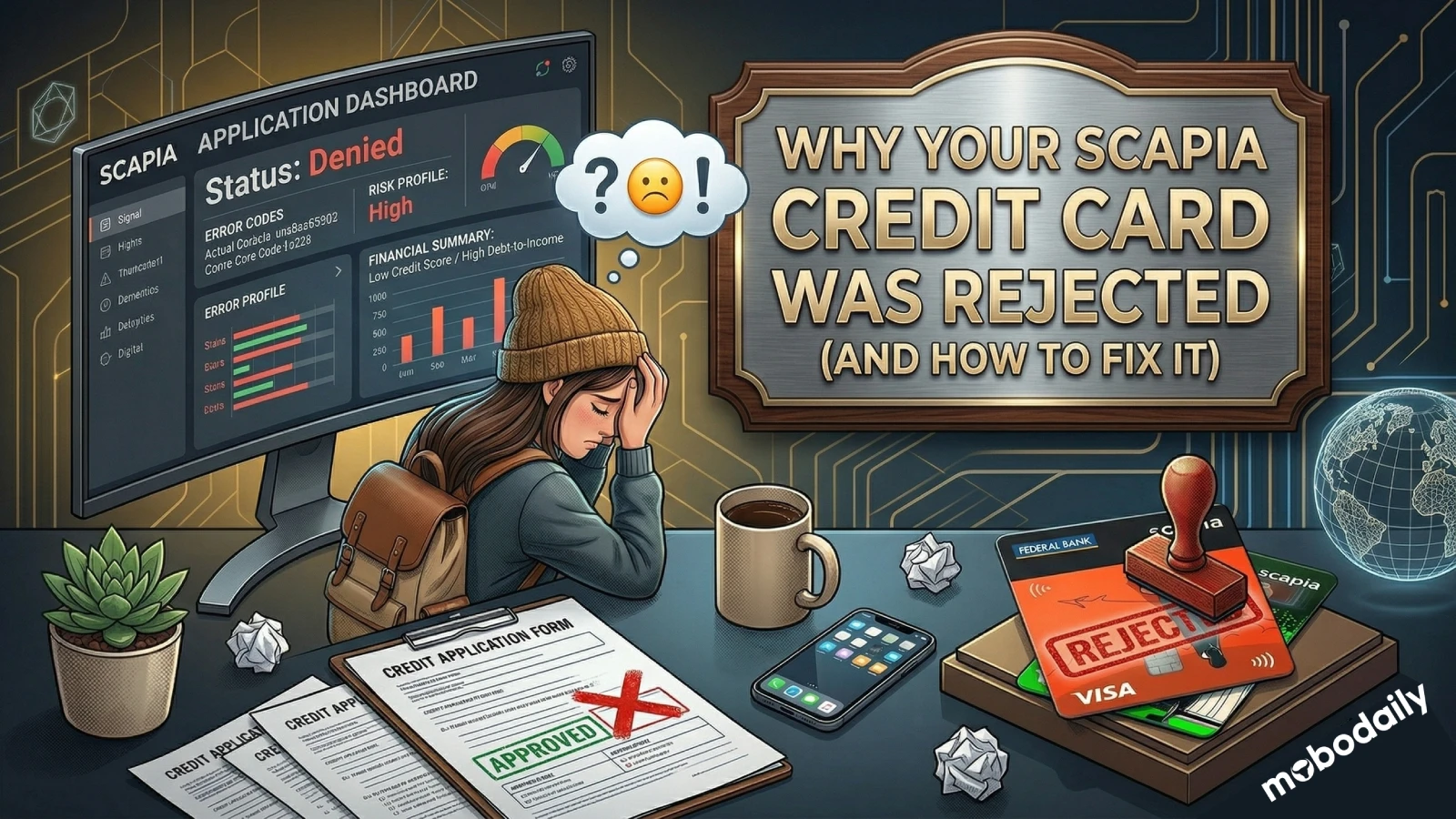 A featured blog graphic titled 'Why Your Scapia Credit Card Was Rejected (And How to Fix It)', showing a frustrated applicant at a desk with a denied application dashboard and stamped 'Rejected' Scapia credit cards.