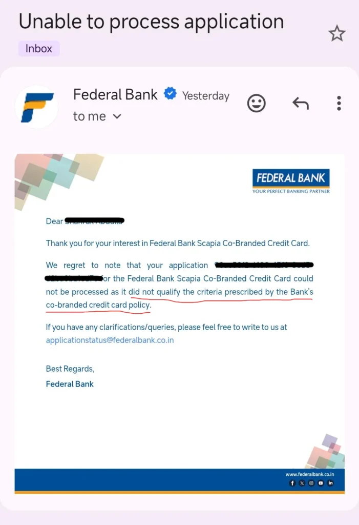 Federal Bank Scapia credit card rejection email due to internal policy