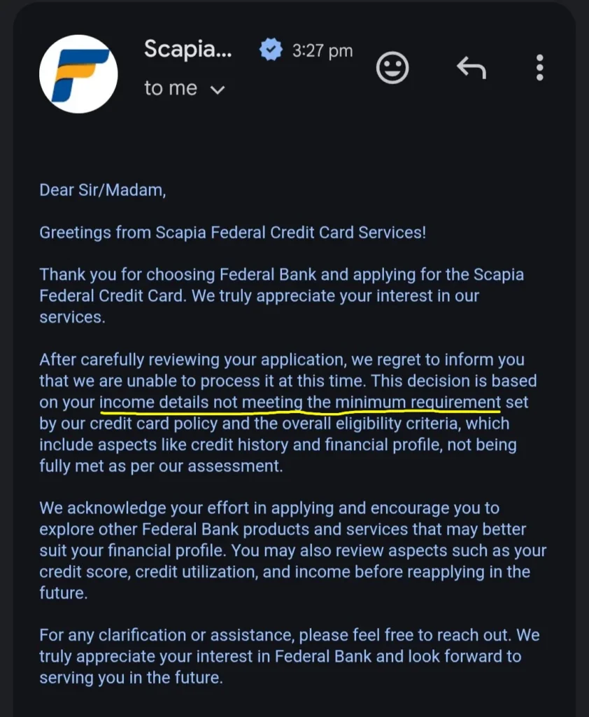 Scapia app screenshot showing rejection for income not meeting eligibility criteria