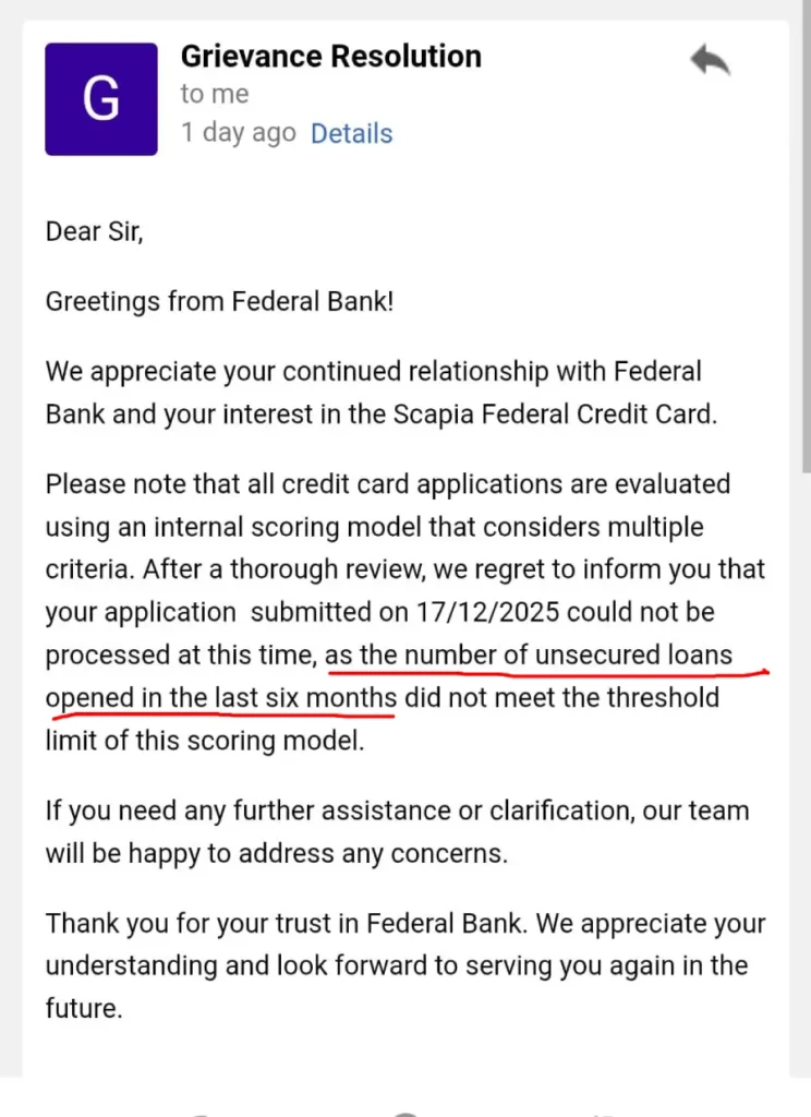 Scapia grievance email citing multiple unsecured loans in the last six months as a rejection reason