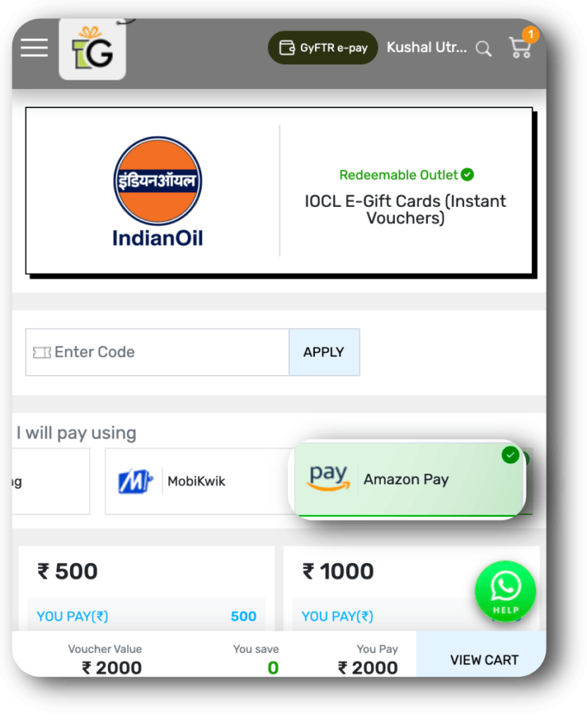 Buying an IOCL voucher on Gyftr using Amazon Pay balance.