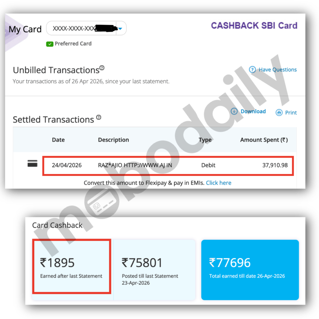 Proof of the Jewelry Hack. A ₹37,910 AJIO transaction earning a flat ₹1,895 (5%) cashback.