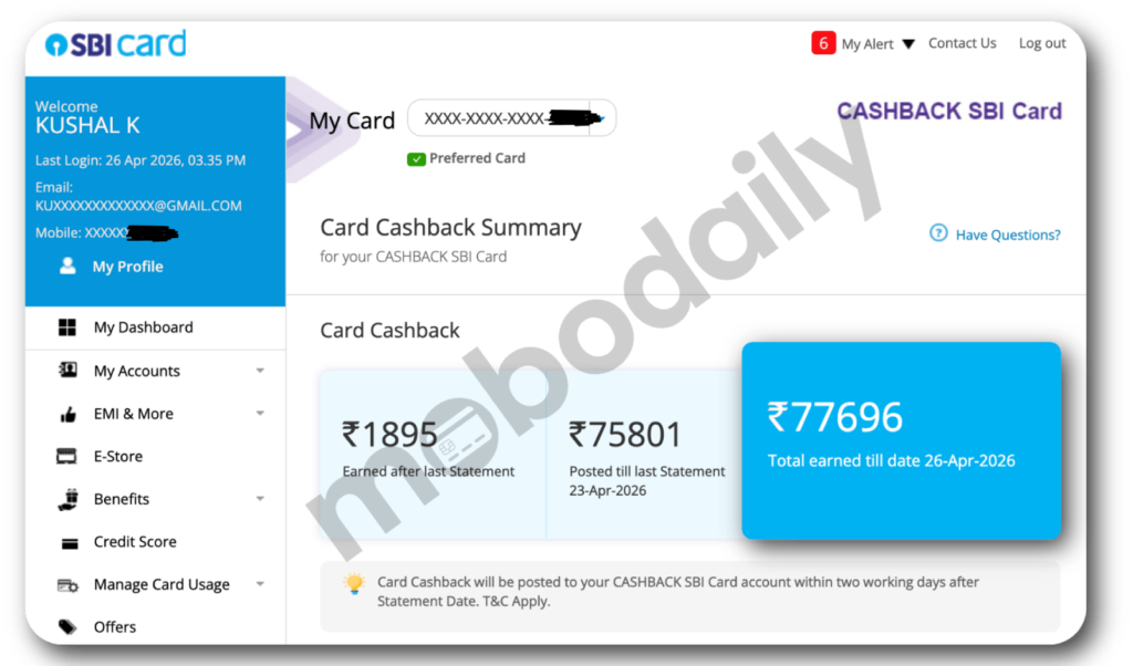 screenshot of ₹77,000 cashback earned on SBI cashback card