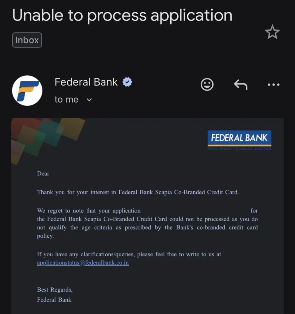 Scapia grievance email confirming minimum age criteria for self-employed applicants