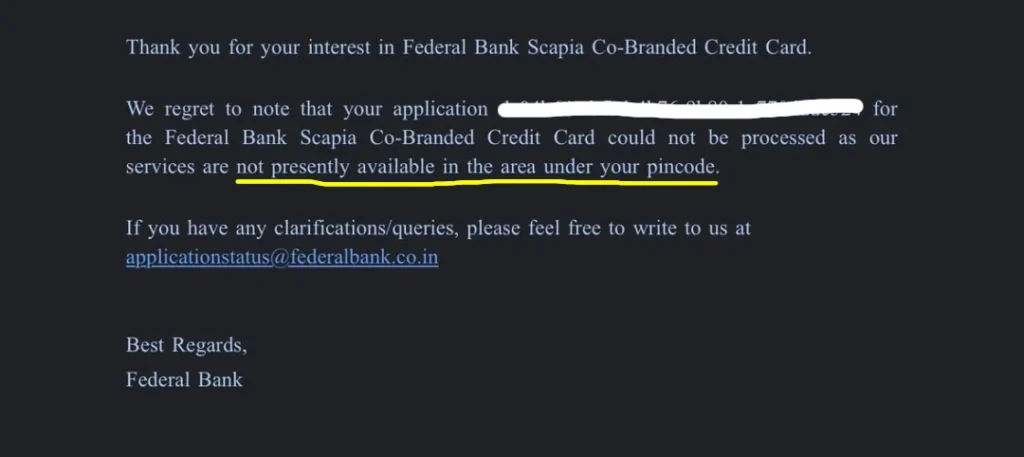 Scapia grievance email stating unserviceable pin code as rejection reason