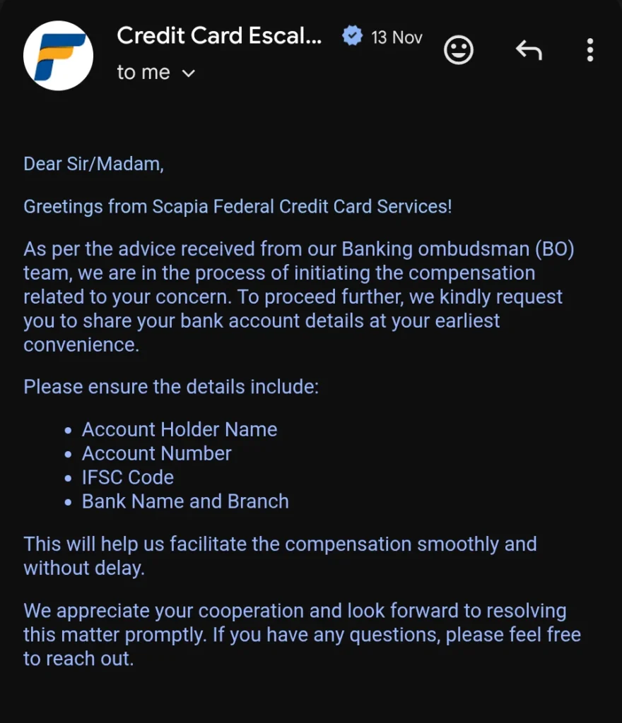 Federal Bank email offering ₹10,000 compensation for a wrongful Scapia credit card rejection