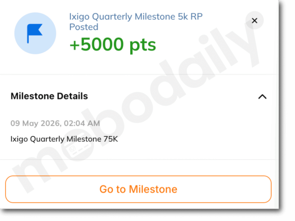 AU Ixigo 75K quarterly milestone reward - 5000 reward points credited instantly