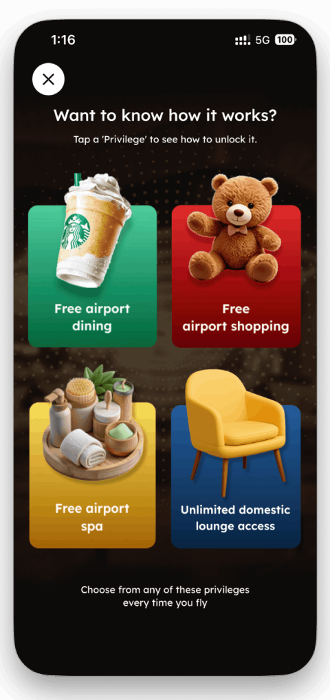 Scapia Card app screenshot of Airport Benefit Options - Lounge access, shopping, dining, or spa