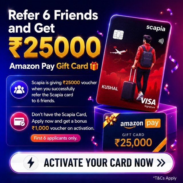 Scapia referral offer - refer 6 friends and get ₹25,000 Amazon Pay voucher