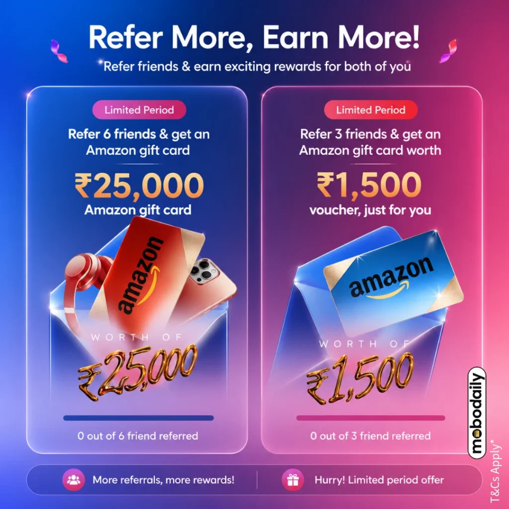 Scapia referral milestones - ₹1,500 for 3 referrals and ₹25,000 Amazon Pay voucher for 6 referrals
