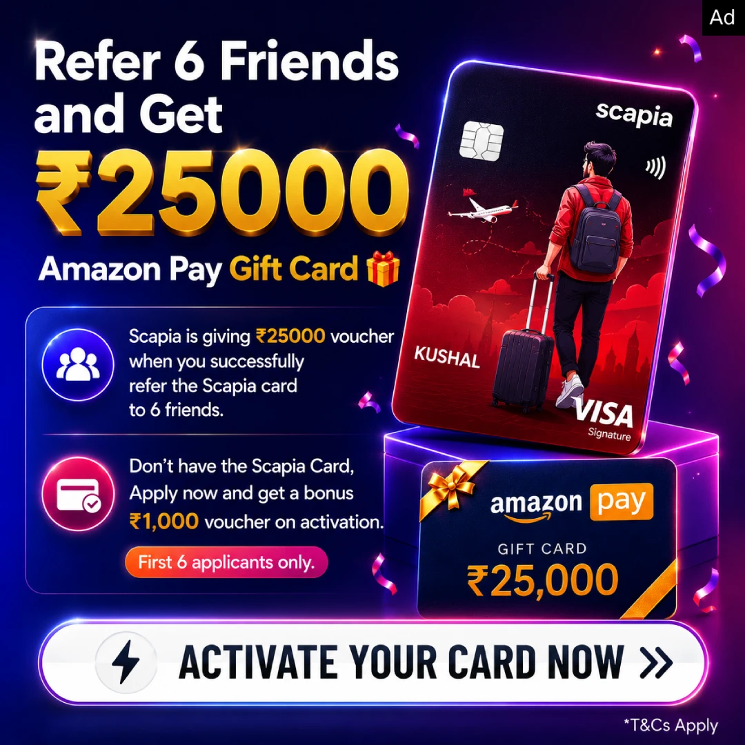 Scapia referral offer - refer 6 friends and get ₹25,000 Amazon Pay voucher