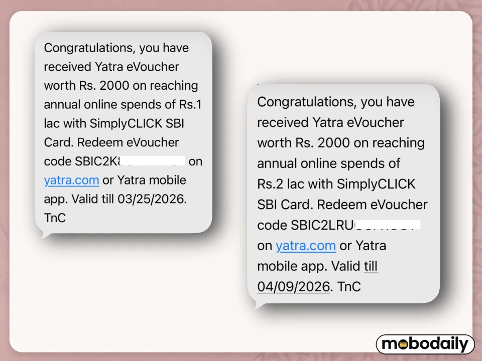SBI SimplyClick Card Milestone Benefit Proof Screenshot
