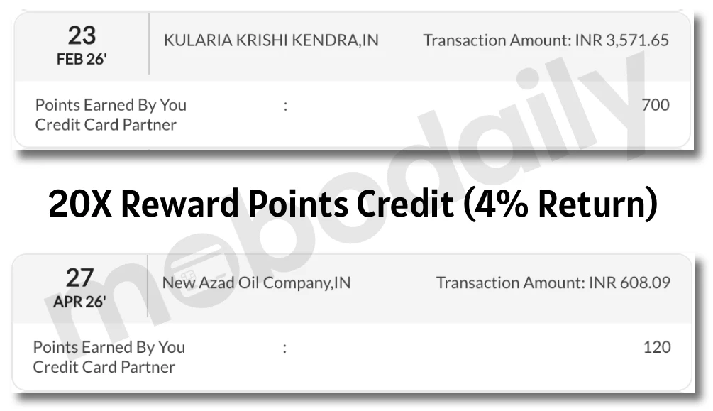 Screenshots of reward points credit on fuel spend using IndianOil Axis Bank Credit Card