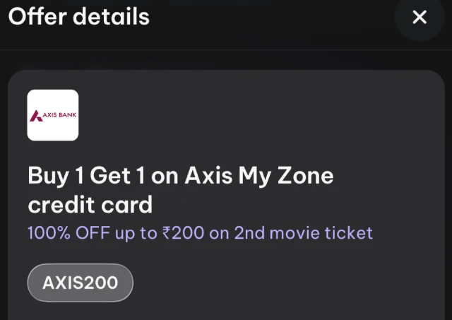 Axis My Zone card offer screenshot—1+1 movie tickets on district app