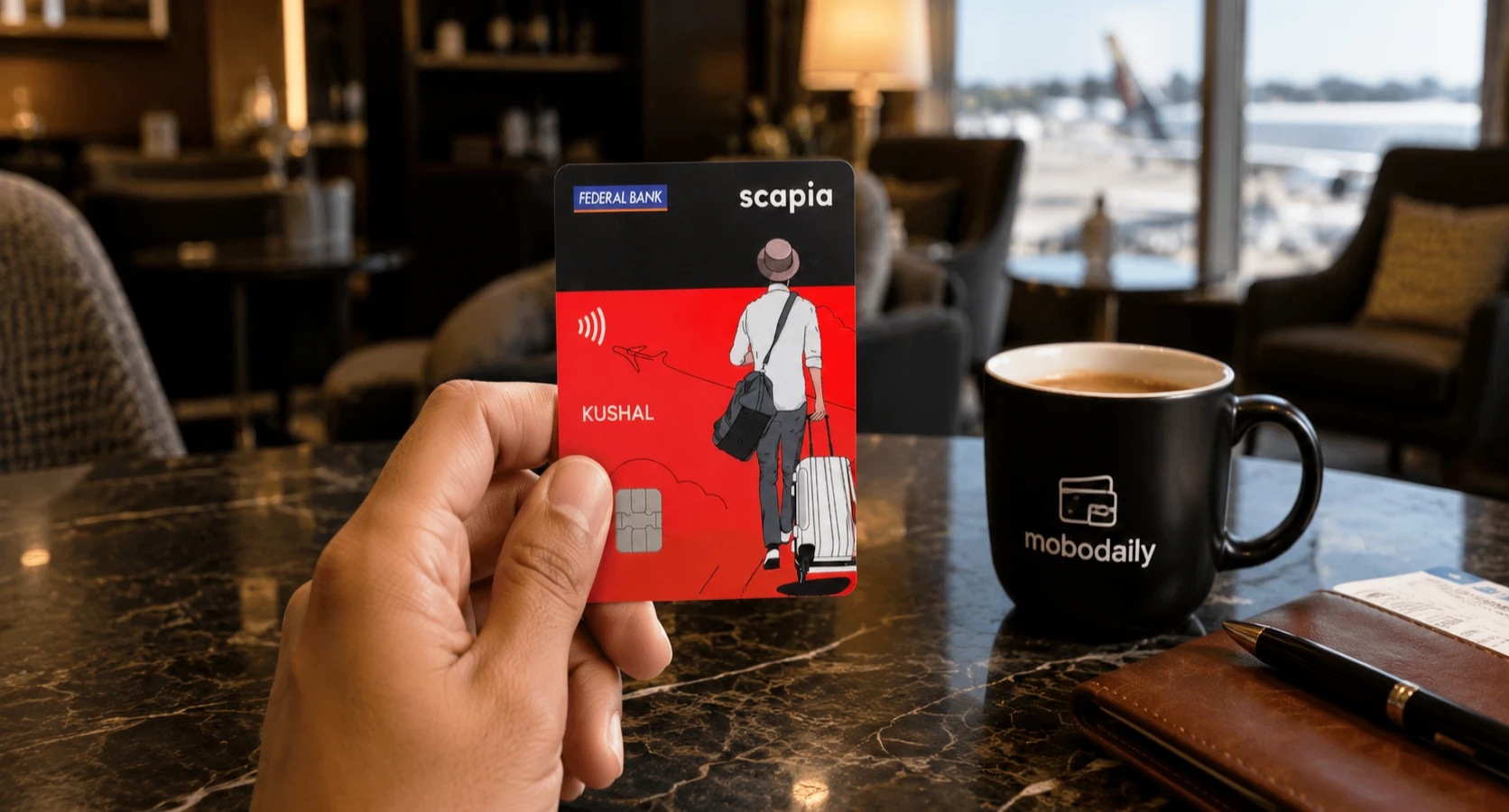 Scapia Credit Card Review 2026 featured image showing the Scapia travel credit card with airport-themed background and key benefits like lounge access and zero forex markup.