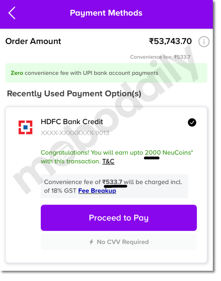 Checkout screen on Tata Neu showing estimated NeuCoins on utility bill payment using Tata Neu Infinity credit card