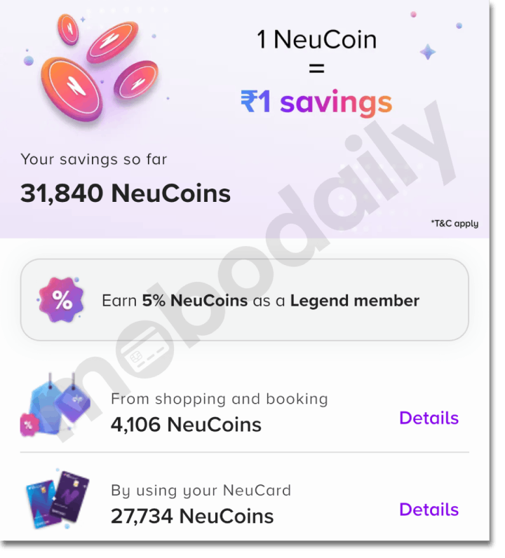 Tata Neu reward history showing NeuCoins earned with Tata Neu Infinity credit card