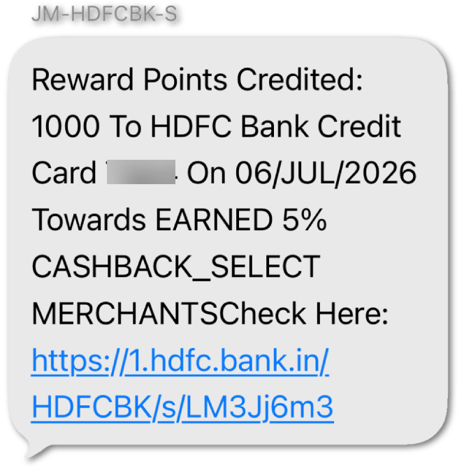 Screen shot of 5% cash back credited on my HDFC Millennia credit card