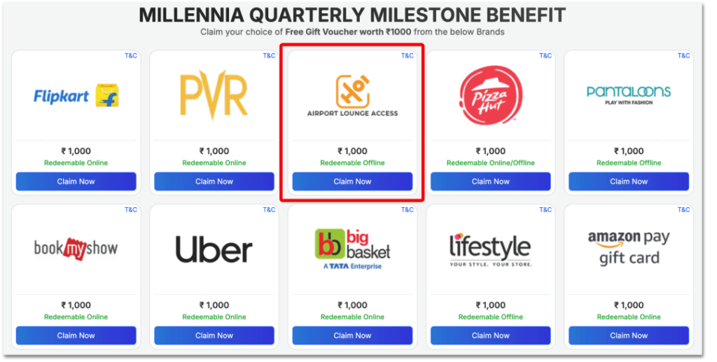 Screenshot of the milestone redemption screen on HDFC Millennia card