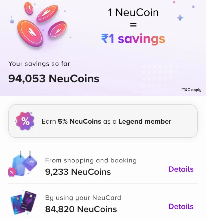 Screenshot of over ₹90,000 tata neu coins earned by hdfc Bank tata neu Infinity card user