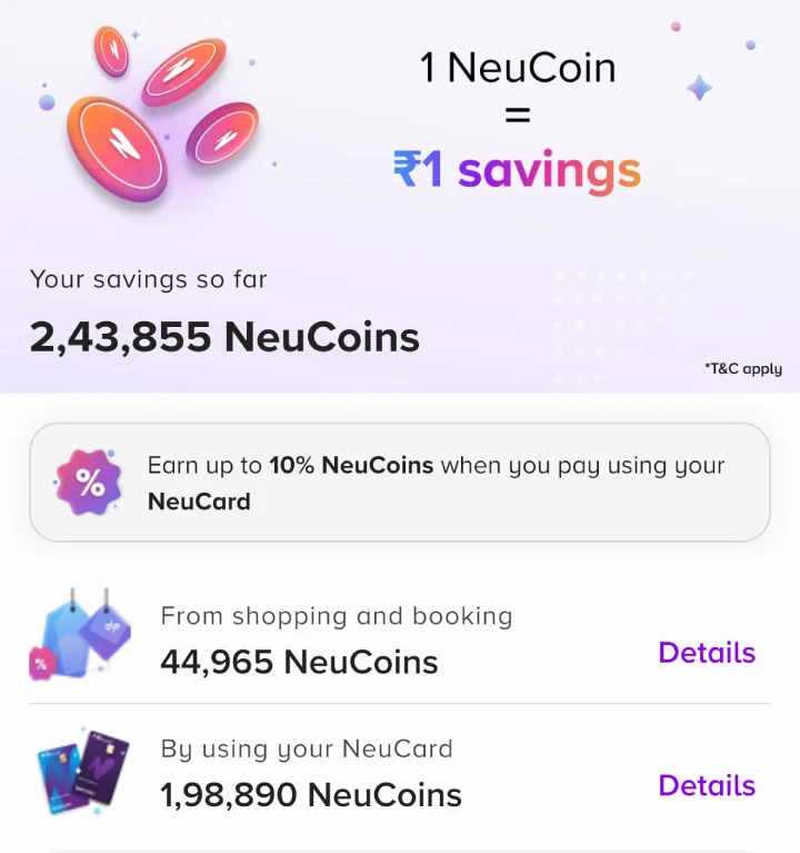 Screenshot of over ₹2 lakhs tata neu coins earned by hdfc Bank tata neu Infinity card user