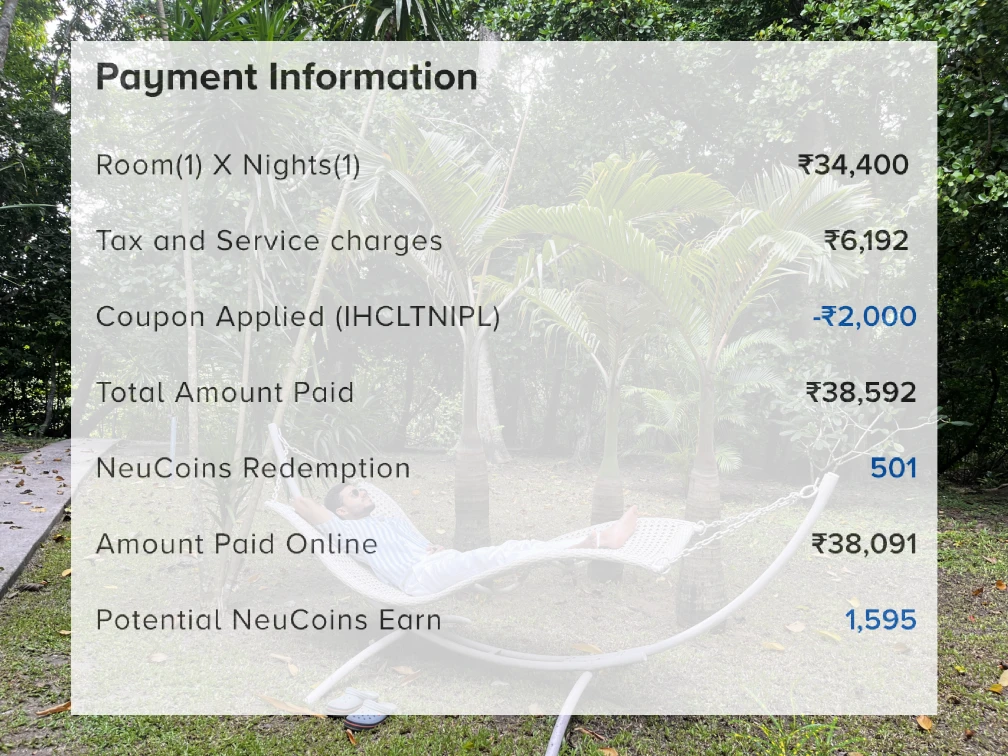 Breakdown of how I got stay at Taj Exotica Resort and Spa, Andamans at 40% discount using my Tata Neu Infinity credit card