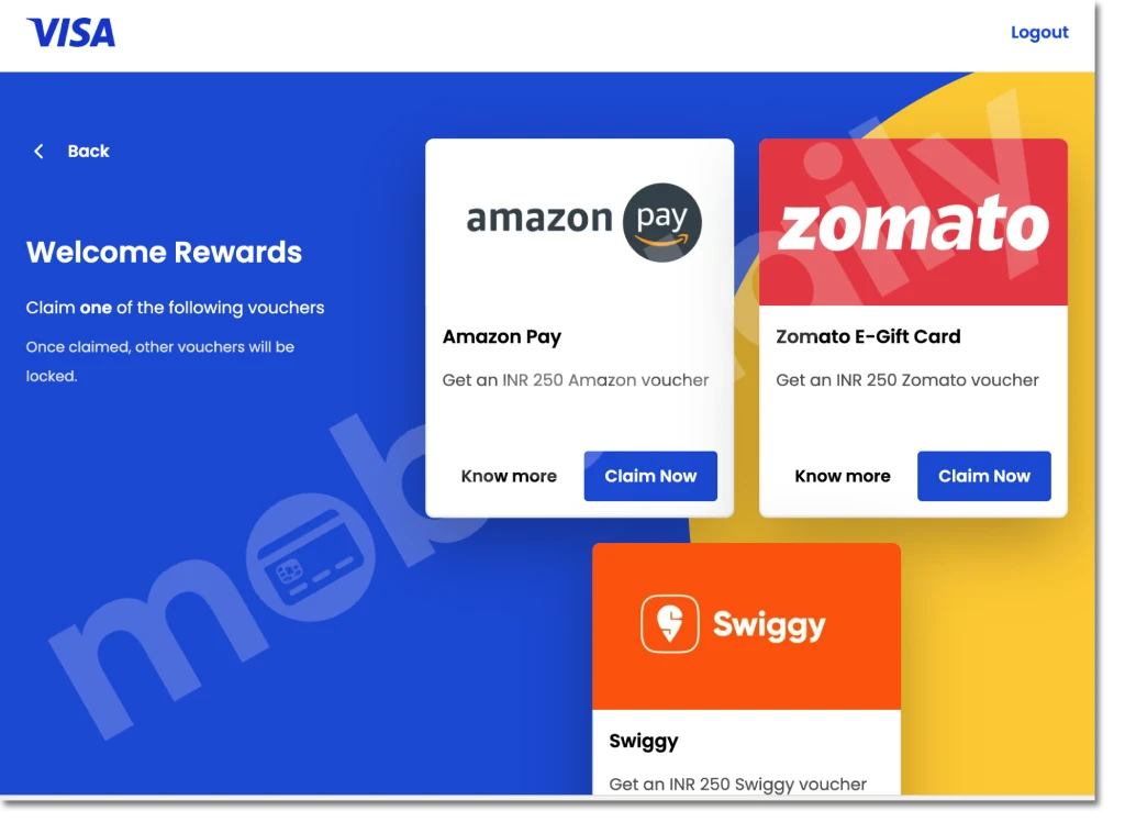 Screenshot of the official Visa Welcome Rewards web portal showing option cards to claim a ₹250 Amazon Pay, Zomato, or Swiggy voucher for a Visa Platinum credit card