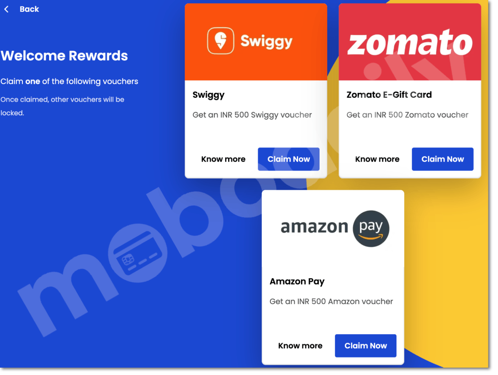 Screenshot of the official Visa Welcome Rewards portal displaying options to claim a ₹500 Swiggy, Zomato, or Amazon Pay voucher for a premium Visa Signature credit card.