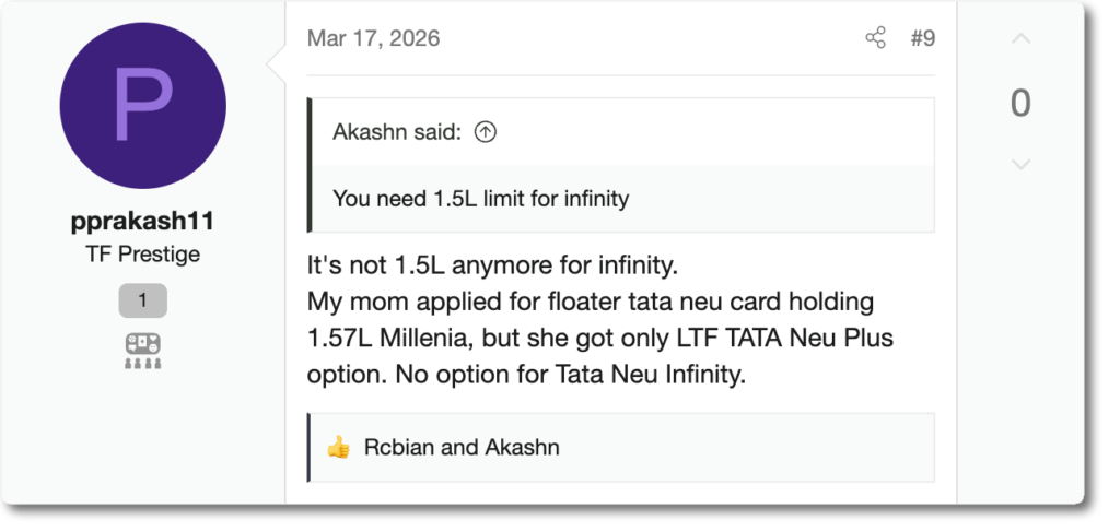 SCREENSHOT: TechnoFino thread — ₹1.57L Millennia limit still only offered Tata Neu Plus, not Infinity, March 2026