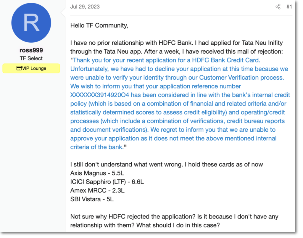 SCREENSHOT: TechnoFino thread — User rejected for Tata Neu Infinity card despite holding Magnus, Sapphiro, MRCC & SBI Vistara