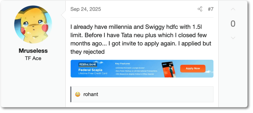 SCREENSHOT: TechnoFino thread — already holds Millennia + Swiggy HDFC, previously closed Tata Neu Plus, reapplied and got rejected
