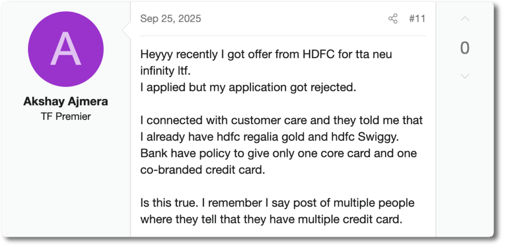 SCREENSHOT: TechnoFino thread — told the "one core + one co-branded" rule by customer care